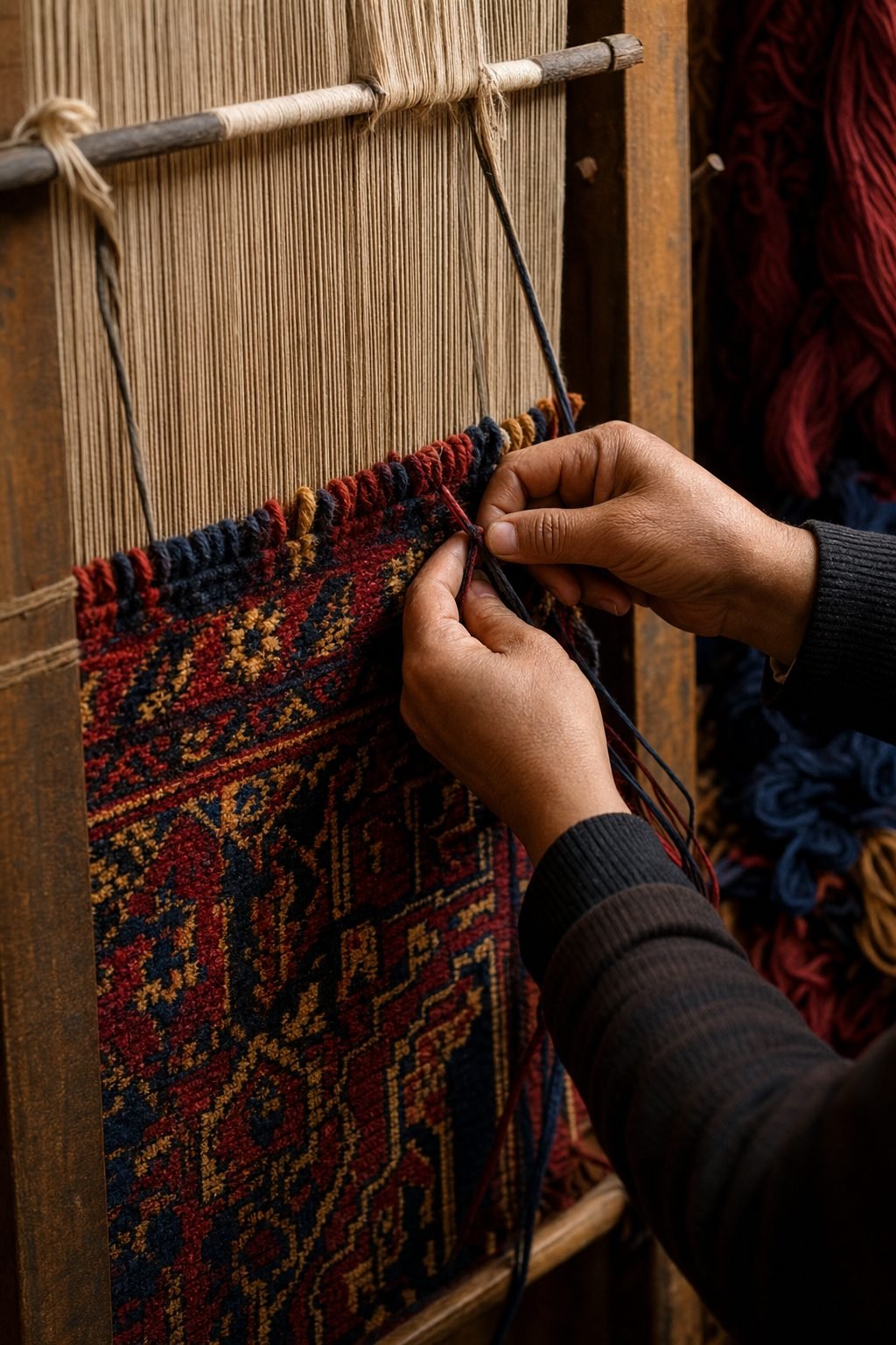Hand-knotting in progress on an upright loom, wool threads drawn tight by hand