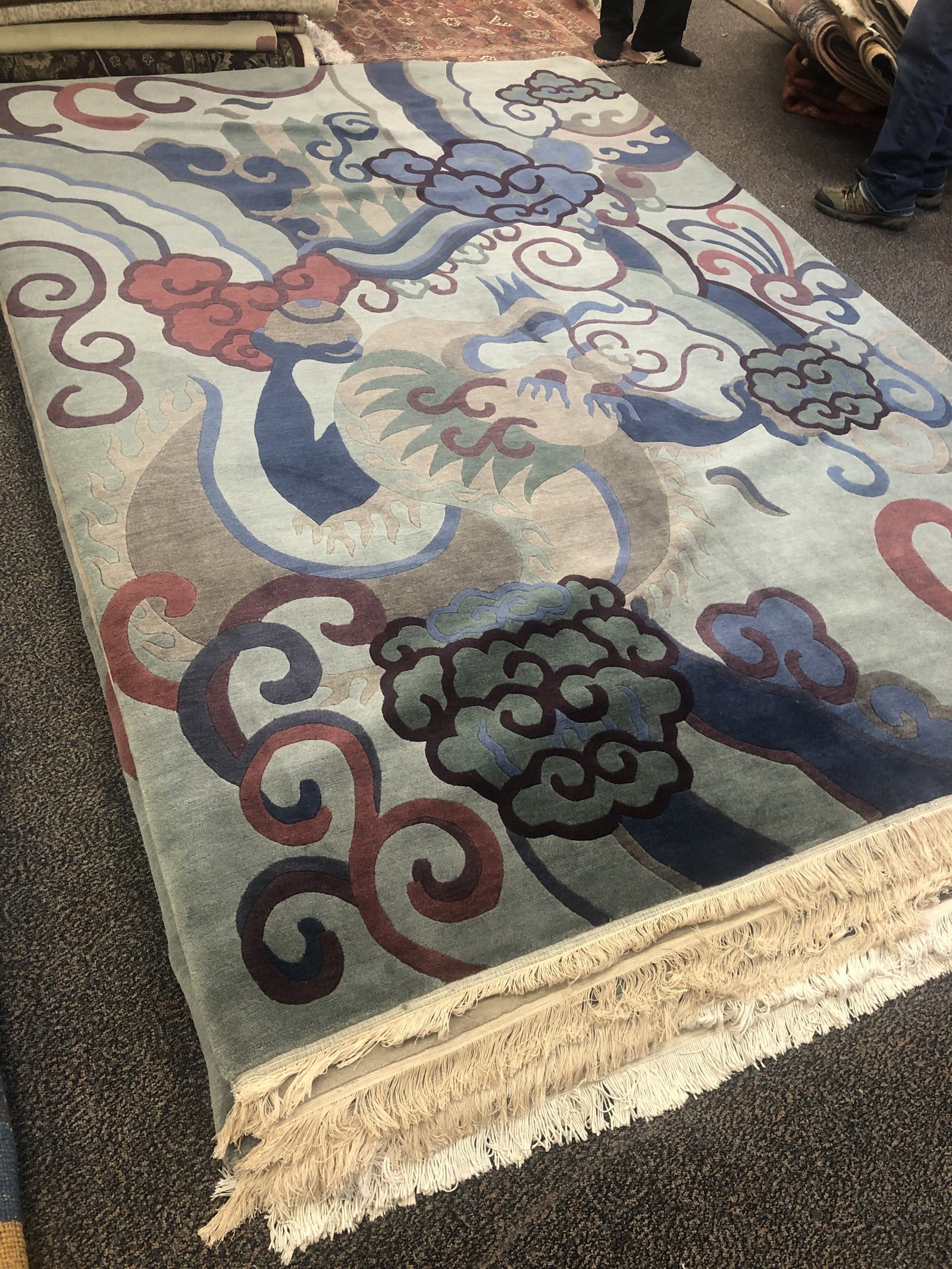 Blue Burgundy Dragon Motif Rug