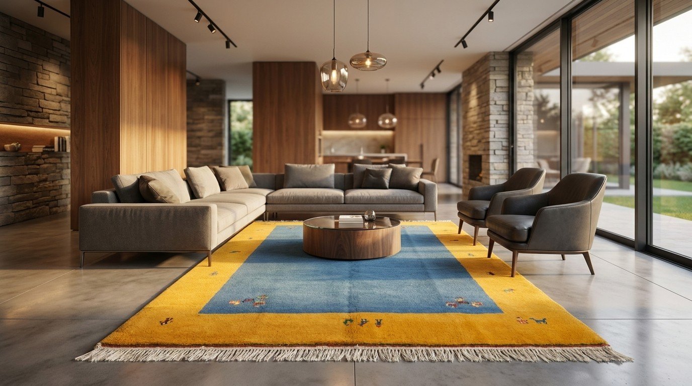 Blue Gold Solid Border Rug