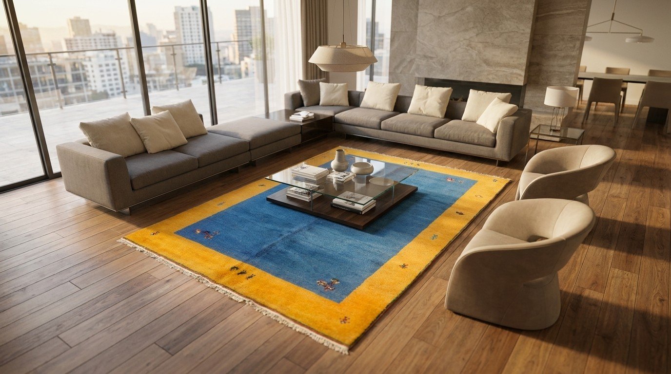 Gold Blue Diamond Border Rug