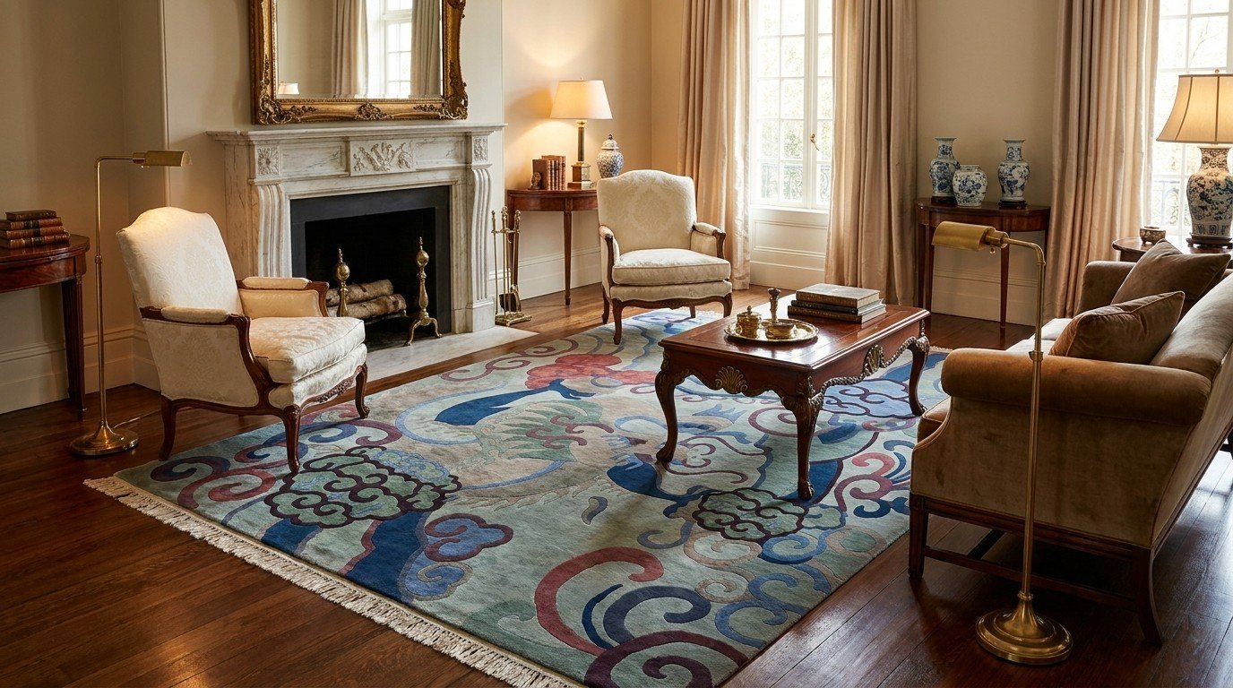 Ivory Dragon Motif Chinese Rug