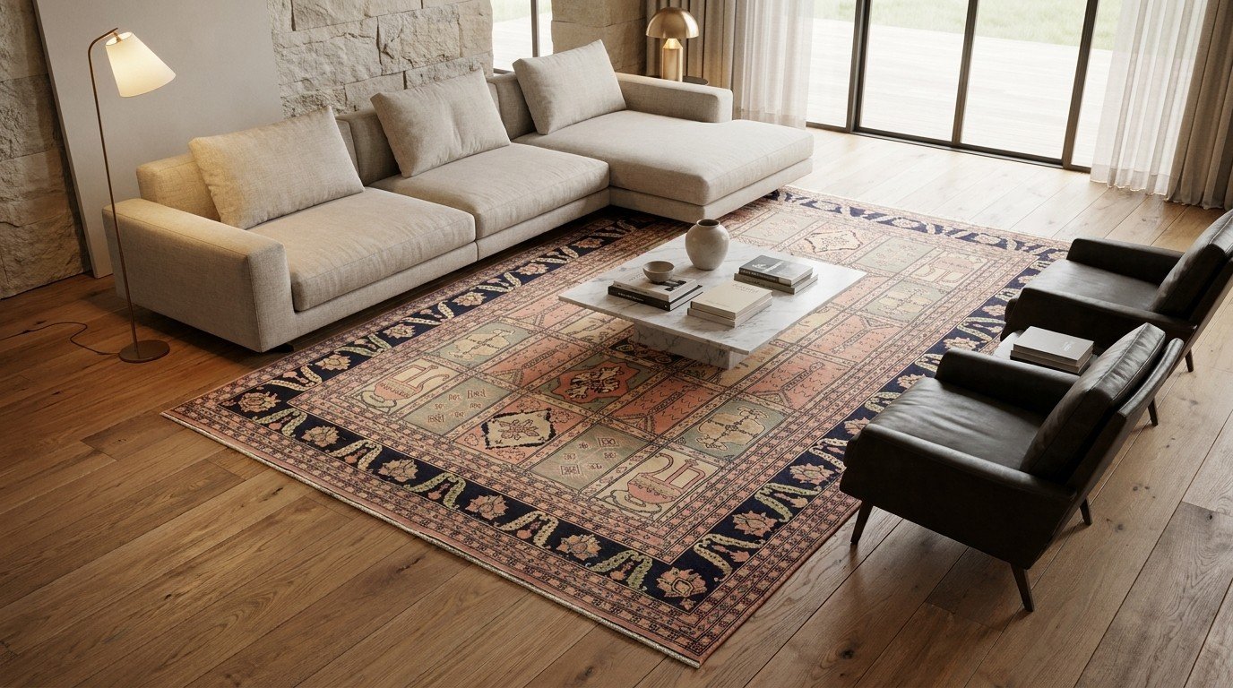 Ivory Navy Compartment Panel Rug