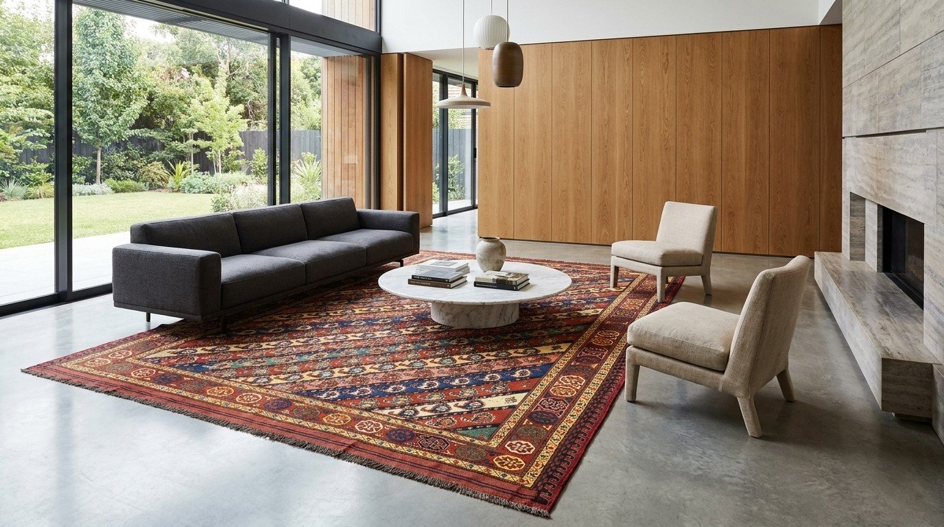 Navy Rust Striped Border Rug