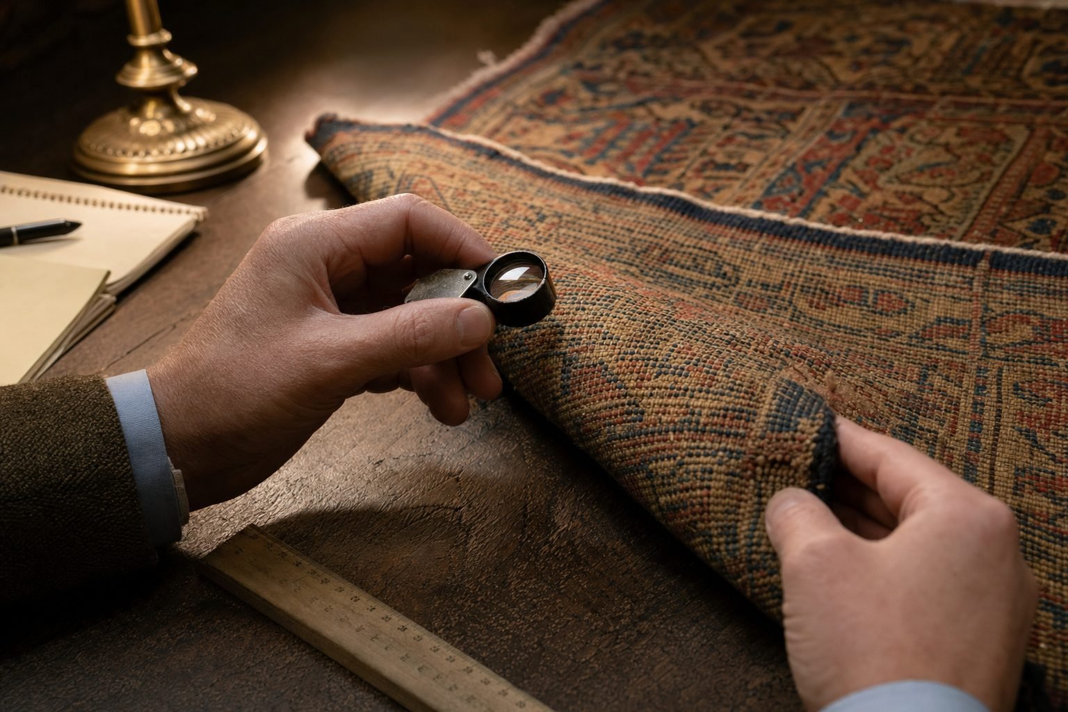 A rug being examined and measured for appraisal under warm light