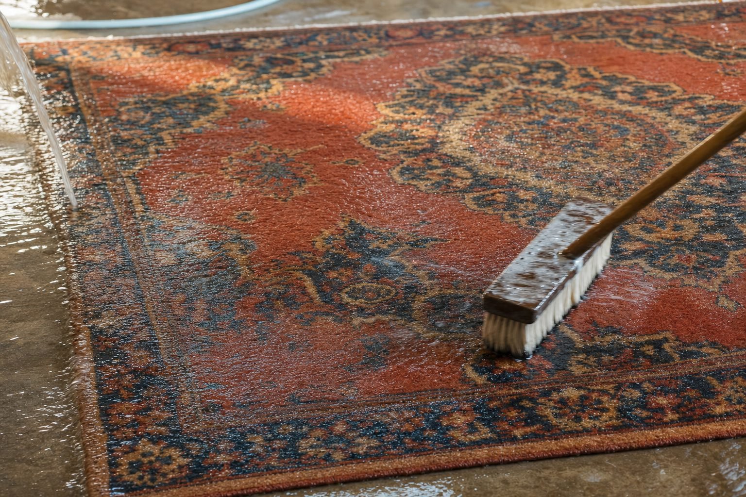 A rug being hand-washed, water and soft brush drawing out decades of grit