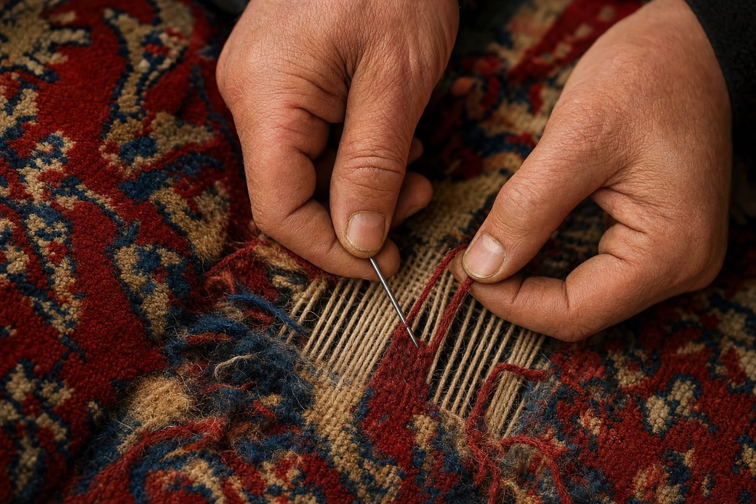 Close hands reweaving a damaged section of an antique rug