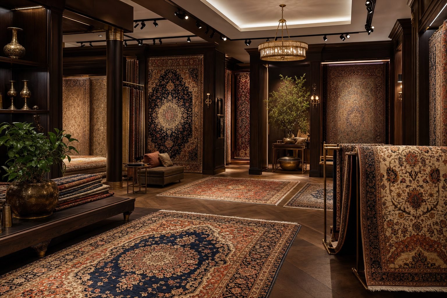 The Rug Center showroom, rugs layered under warm gallery light